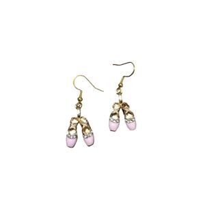 Retro Novelty Pink Gold Rhinestone Ballet Slipper Ballerina Dangle Earrings